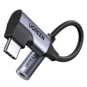 UGREEN USB-C to 3.5mm right-angle dongle shown with compact, space-saving design for comfortable use.