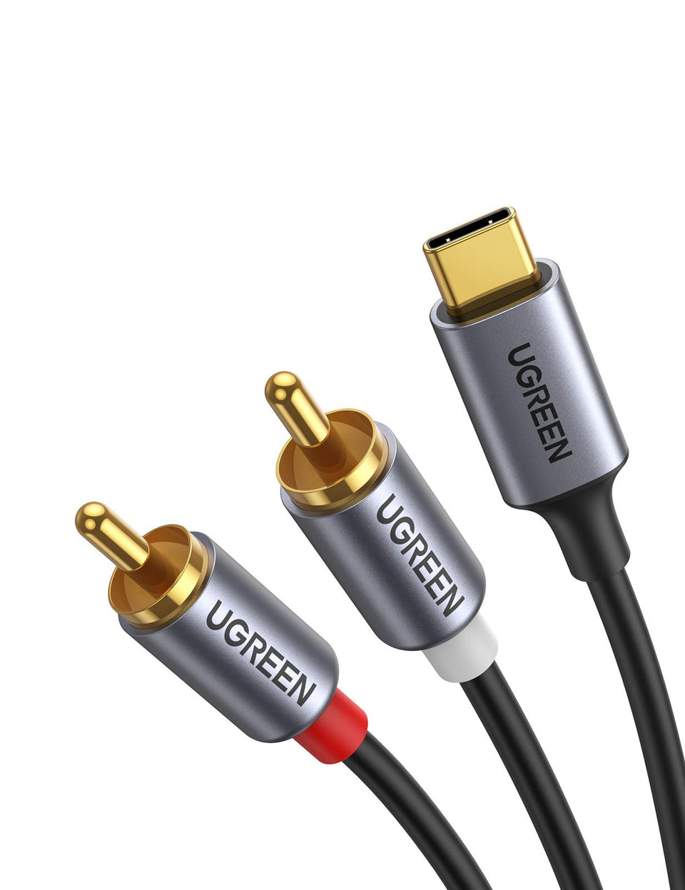 UGREEN USB C to 2RCA cable connects a Type-C device to a car stereo for crisp audio.