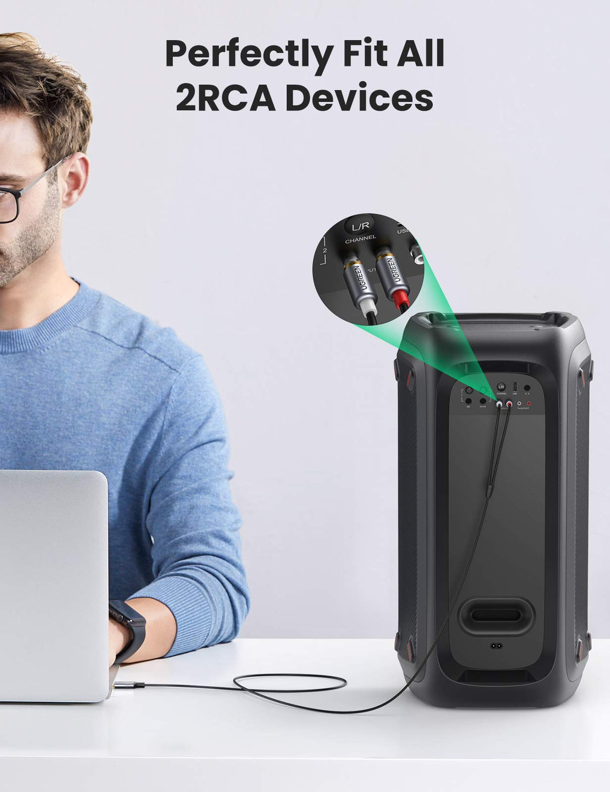 UGREEN Type-C to 2RCA cable delivers high-fidelity sound from phone to home audio system.