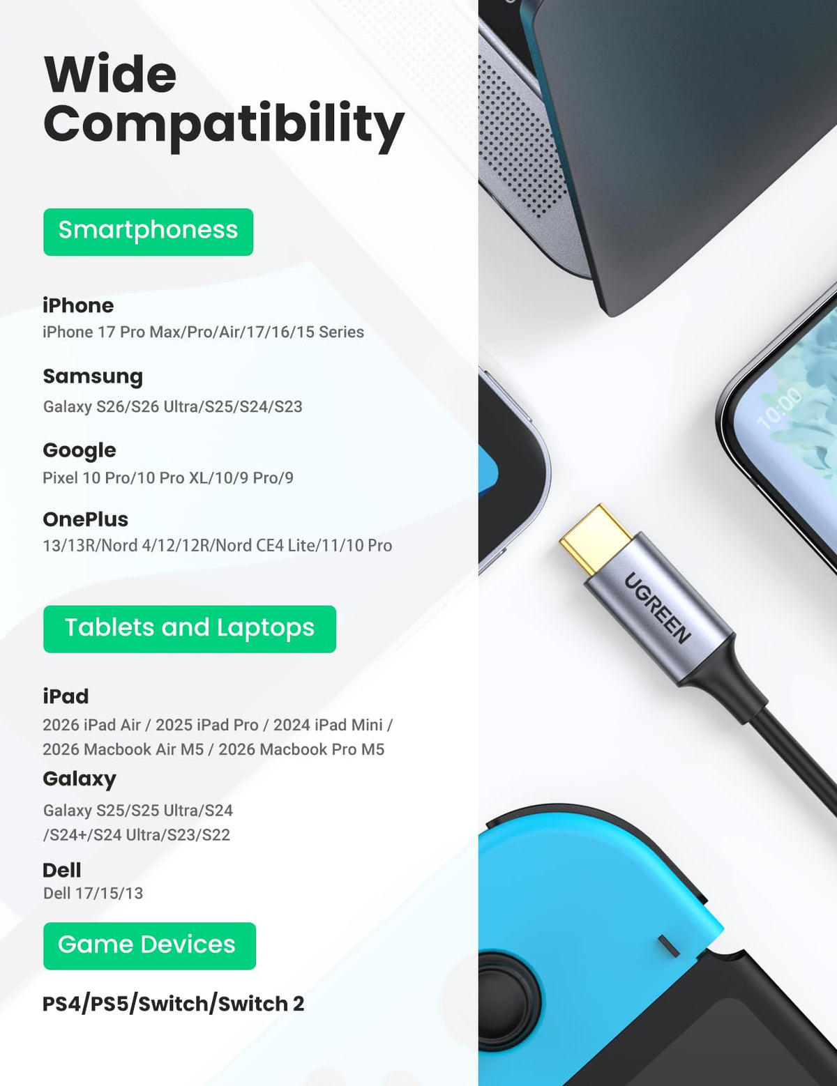 UGREEN 5ft USB C to RCA cable offers versatile device compatibility and simple setup.