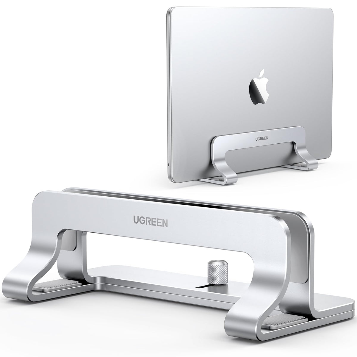UGREEN vertical laptop stand on desk saves space for a cleaner workspace.
