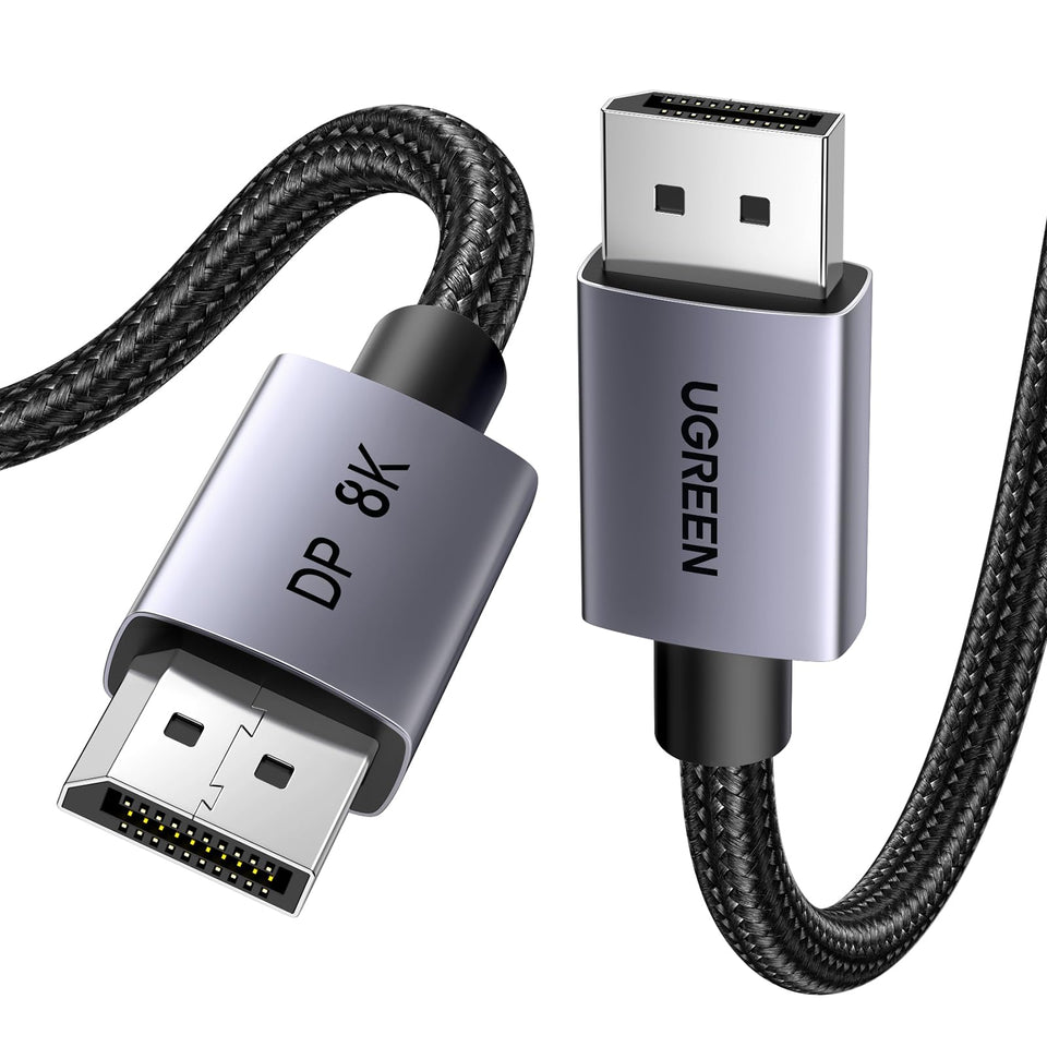 UGREEN 8K DisplayPort cable with aluminum housing for durable, high-bandwidth 8K visuals.