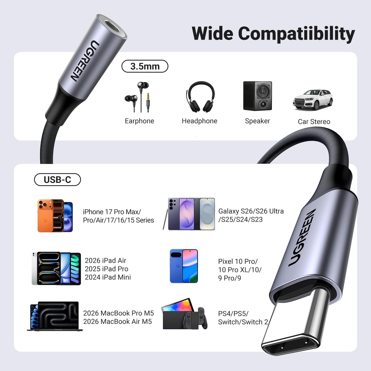UGREEN-compatible devices include phones, tablets, laptops for versatile pairing.