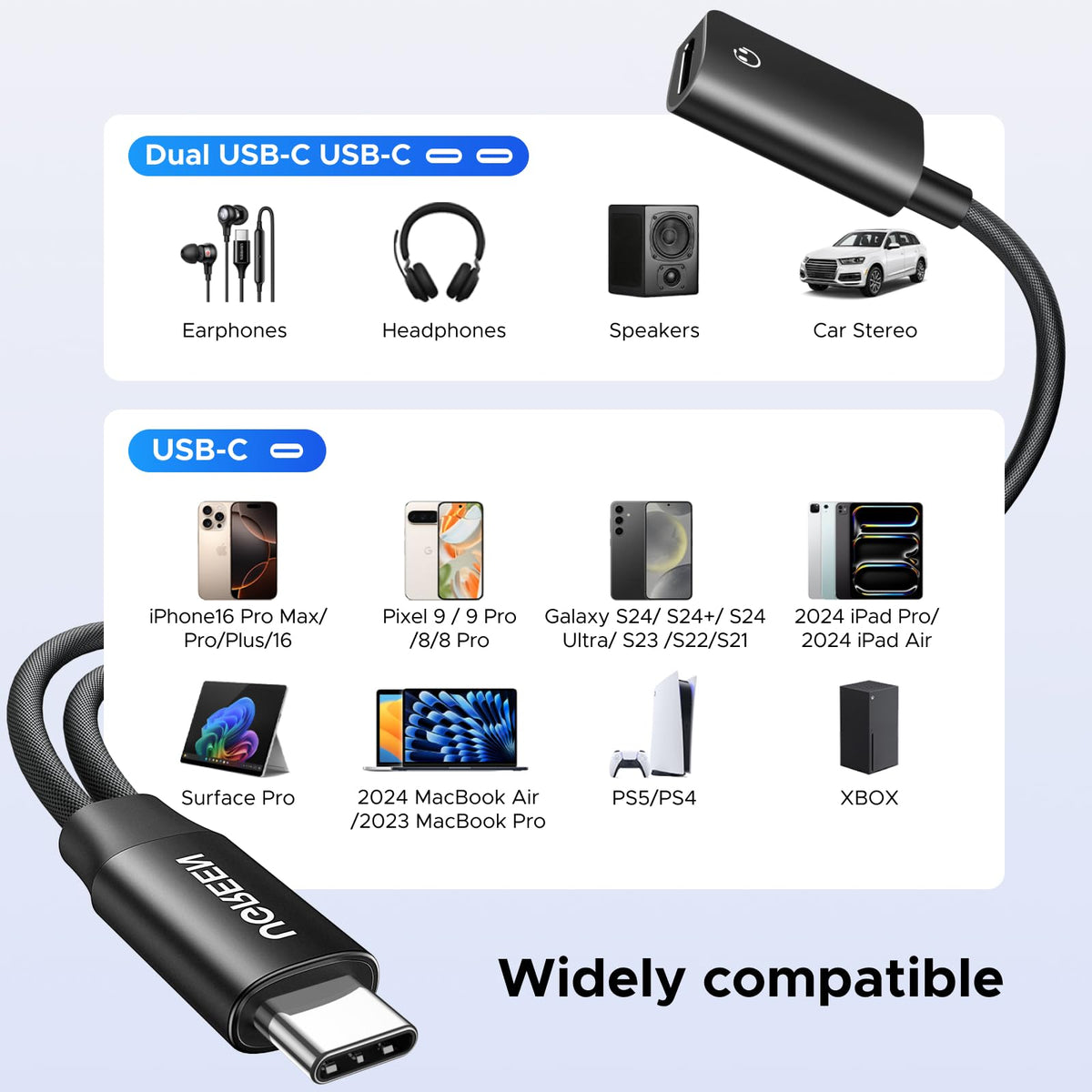 UGREEN adapter compatible with iPhone, Galaxy, Pixel and more.