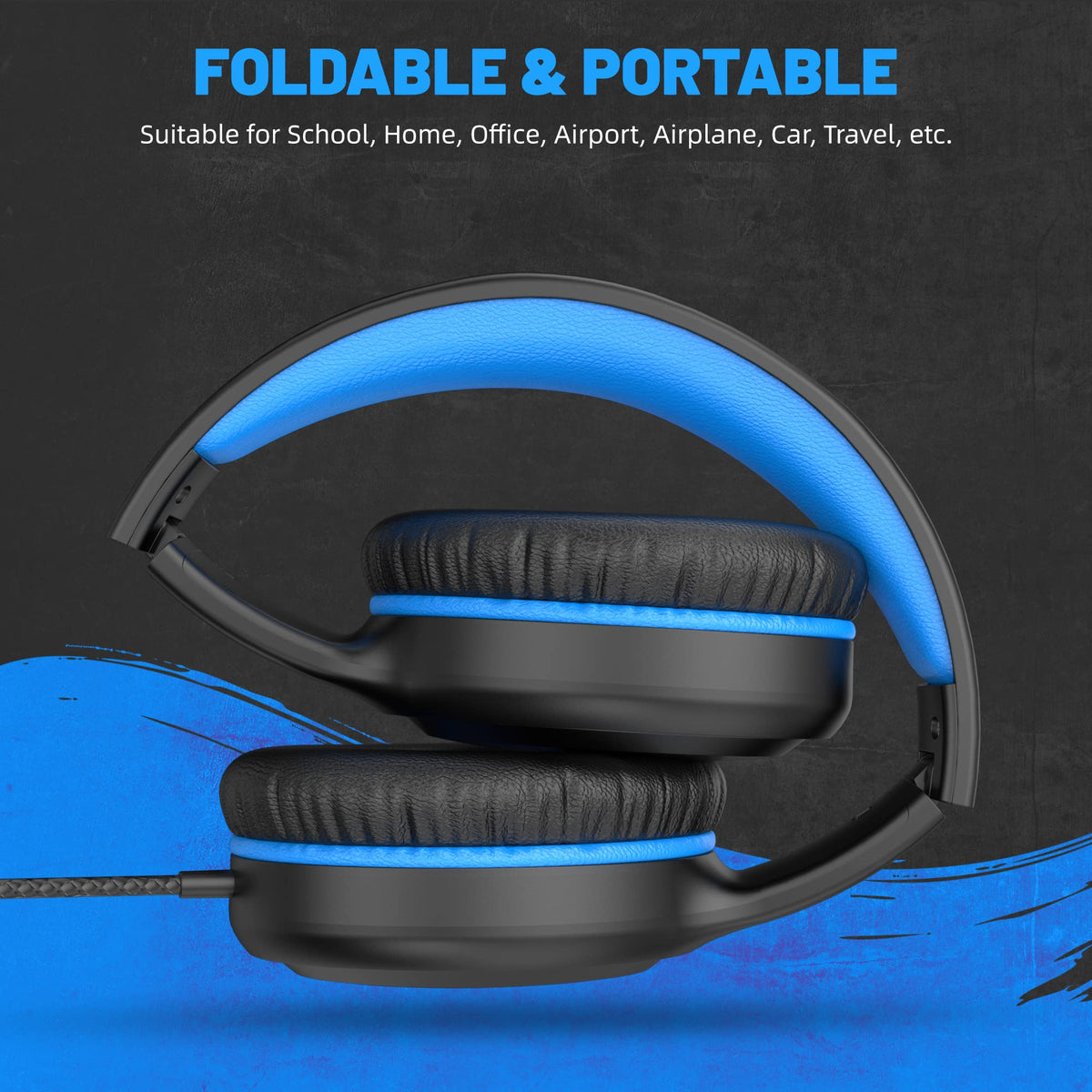 UKELALA on-ear headphones showing 3.5mm compatibility with devices.