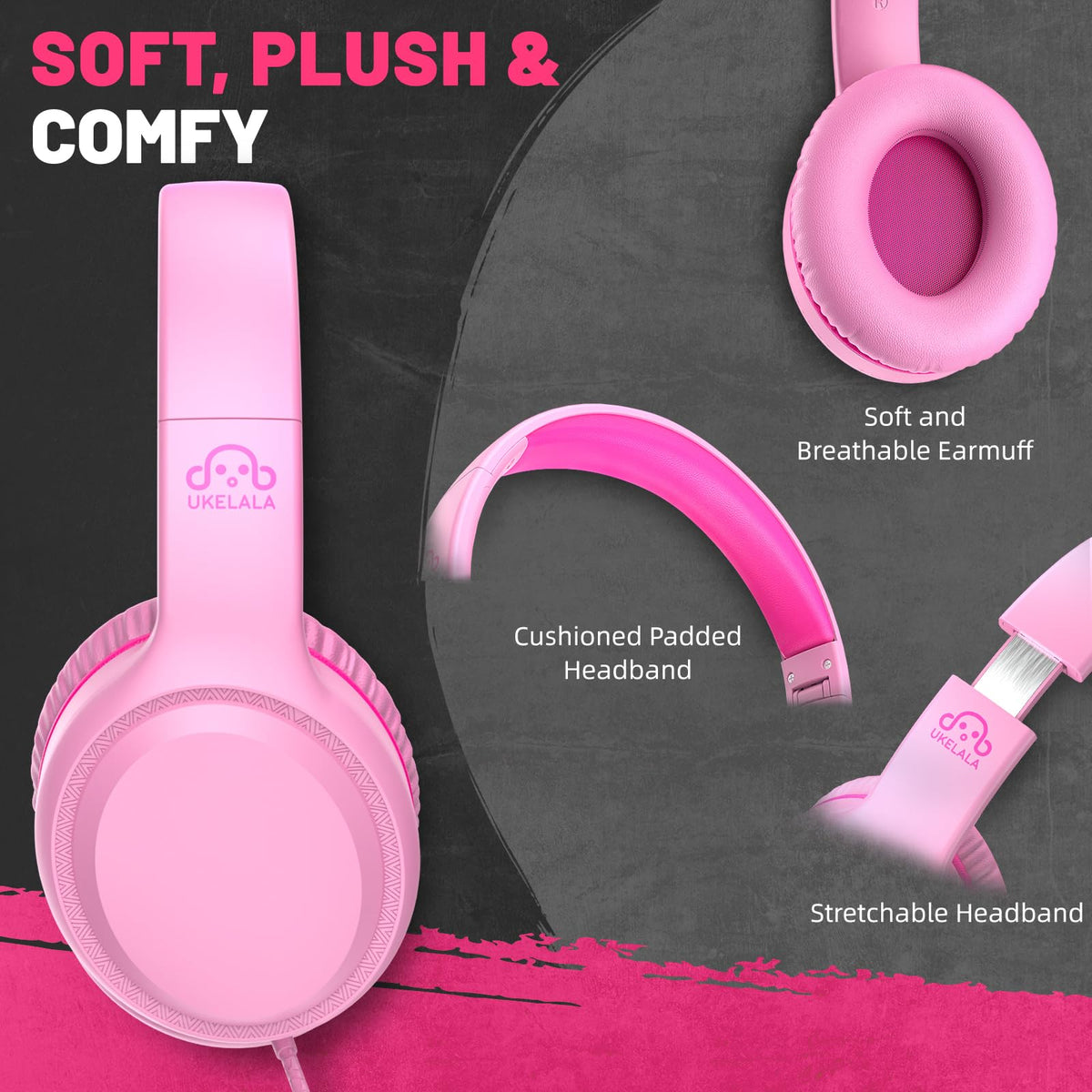 UKELALA pink wired headphones folded for easy travel and compact packing