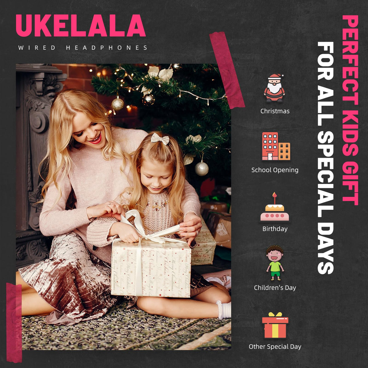 UKELALA pink wired headphones lightweight and portable for travel and daily use
