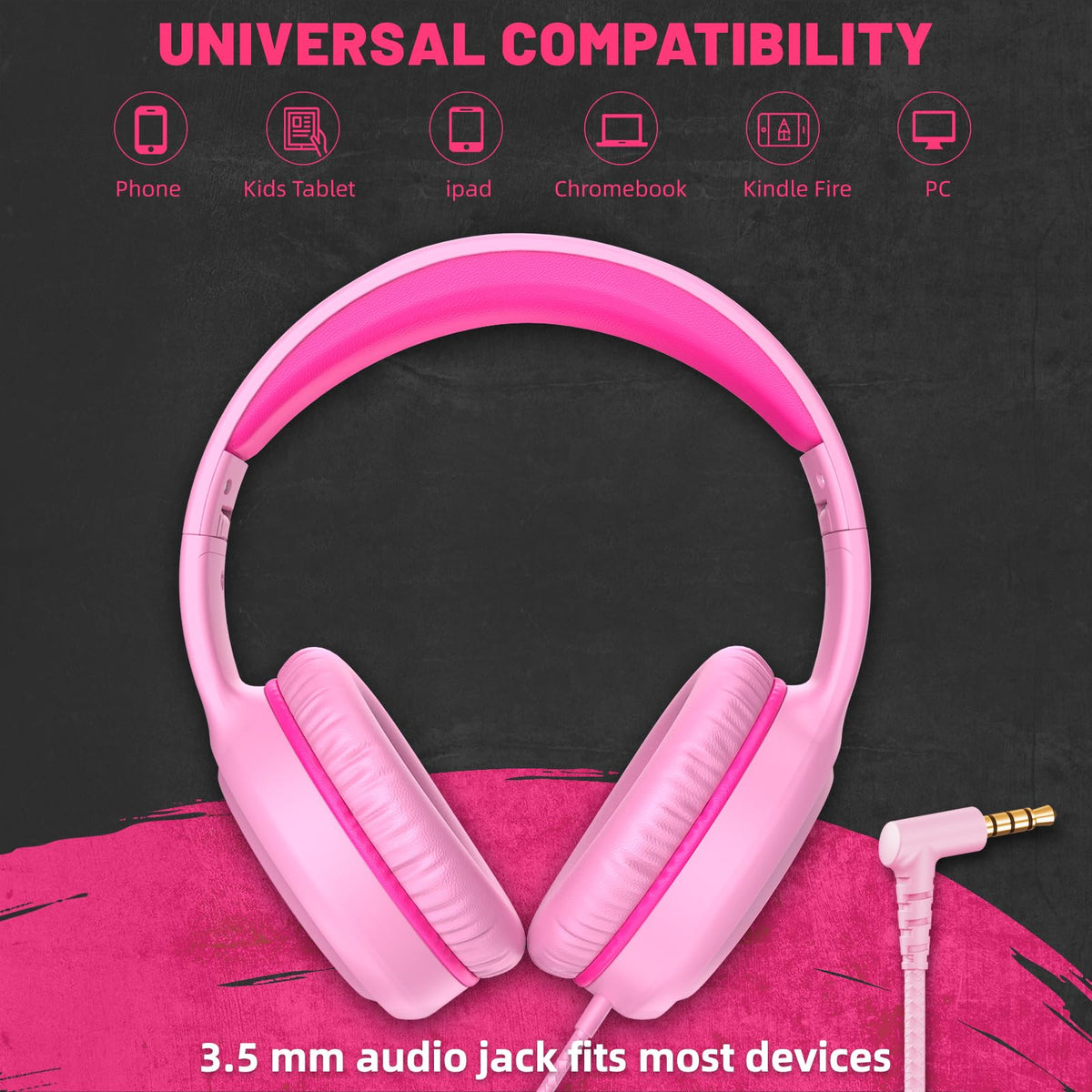 UKELALA pink wired headphones nylon braided cord resists tangling and adds durability