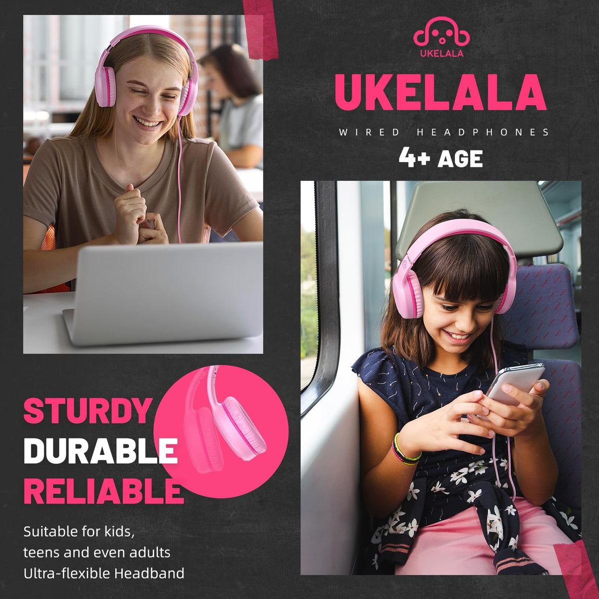 UKELALA pink wired headphones soft over-ear cushions for long-wear comfort