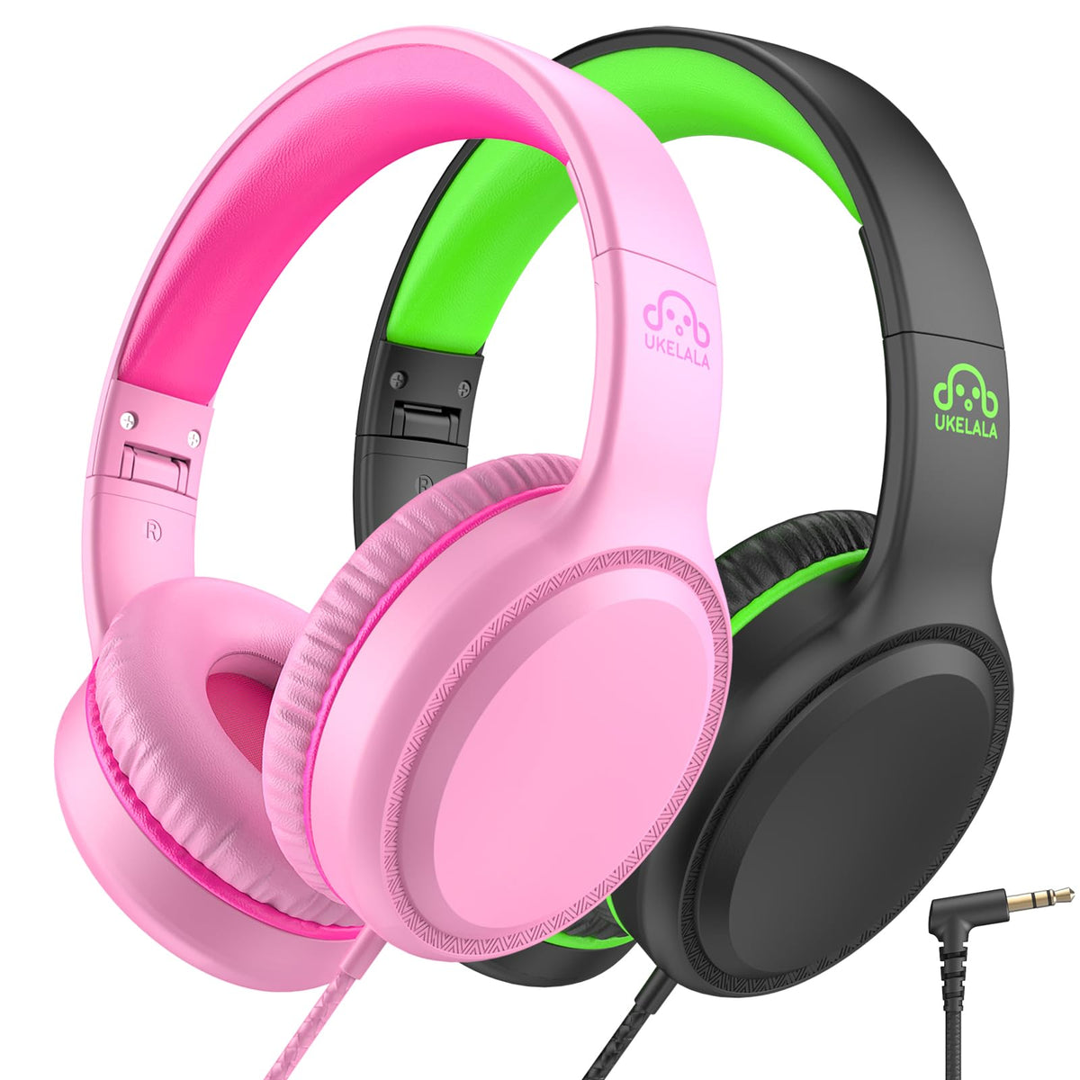 UKELALA front view of both green and pink headphones showing compact design and easy sharing