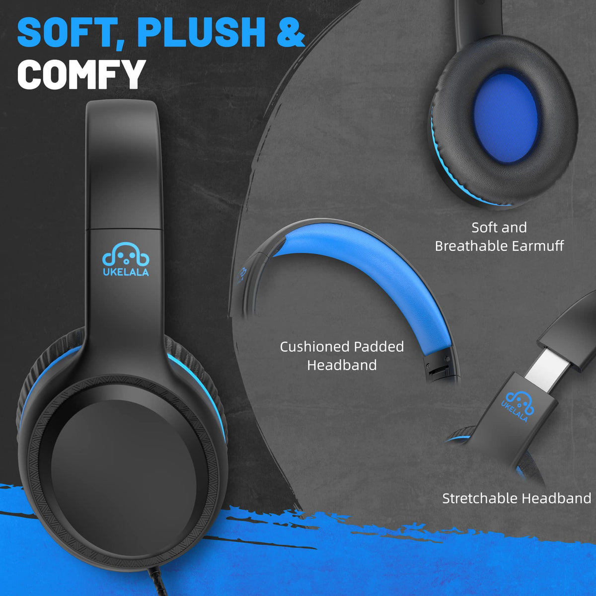 UKELALA wired kids' headphones blue with 3.5mm compatibility for devices.