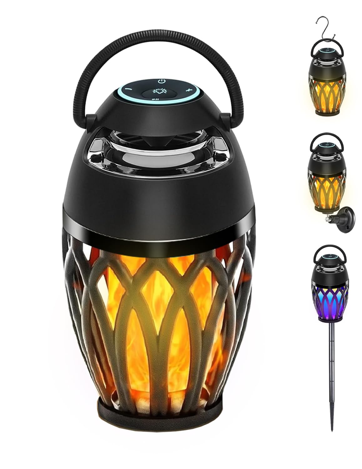 ulinkbee outdoor speaker with LED flame light for backyard ambiance.