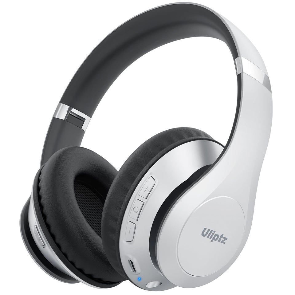 Uliptz front view silver headphones showing sleek finish and portable design benefit