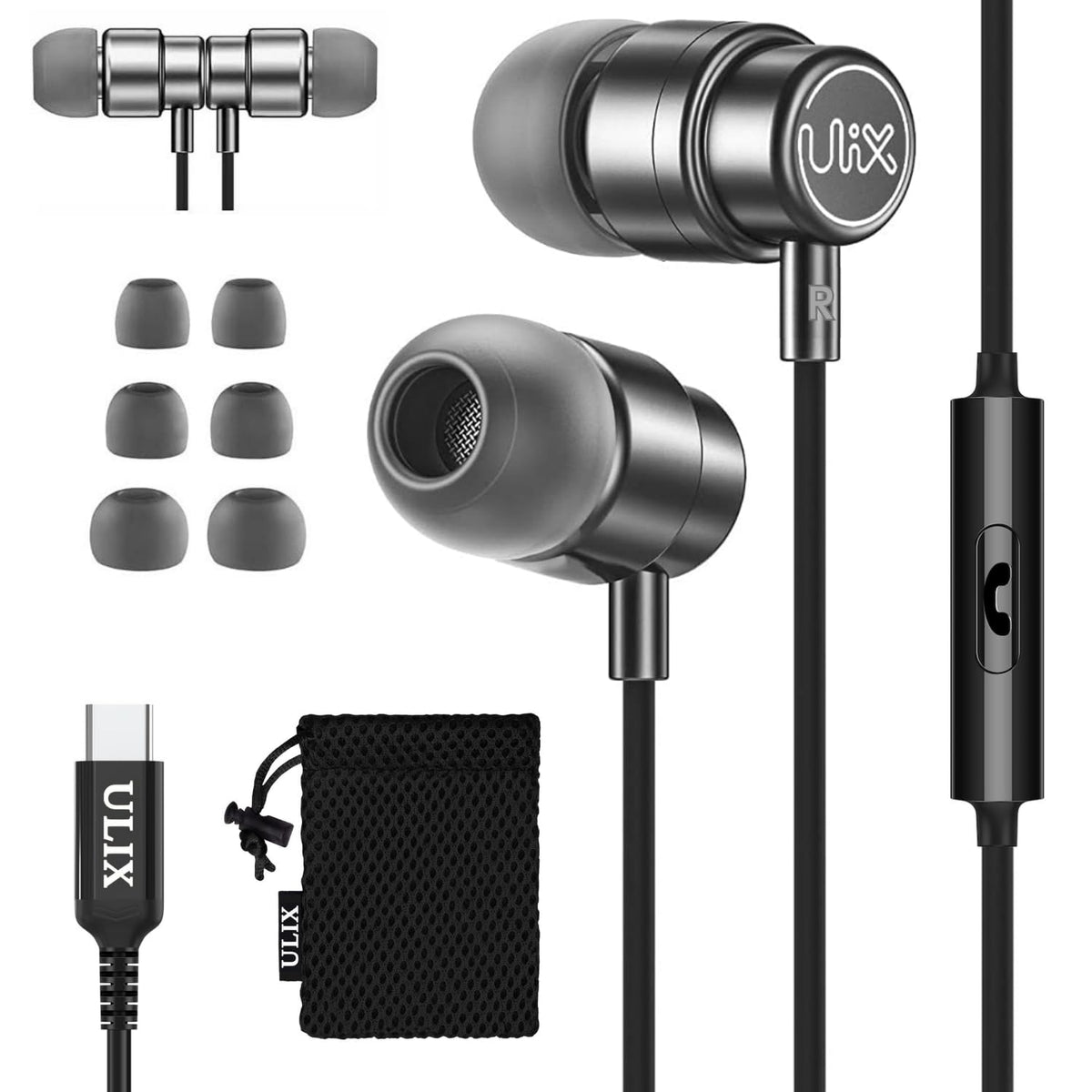 UliX front packaging showing grey earbuds and features for quick identification