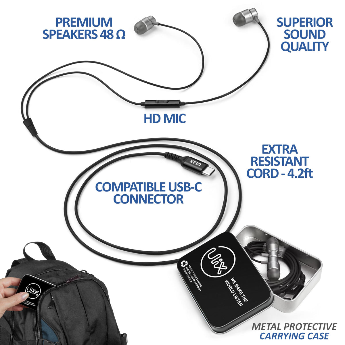 UliX magnetic earbud backs attached for tangle-free storage benefit