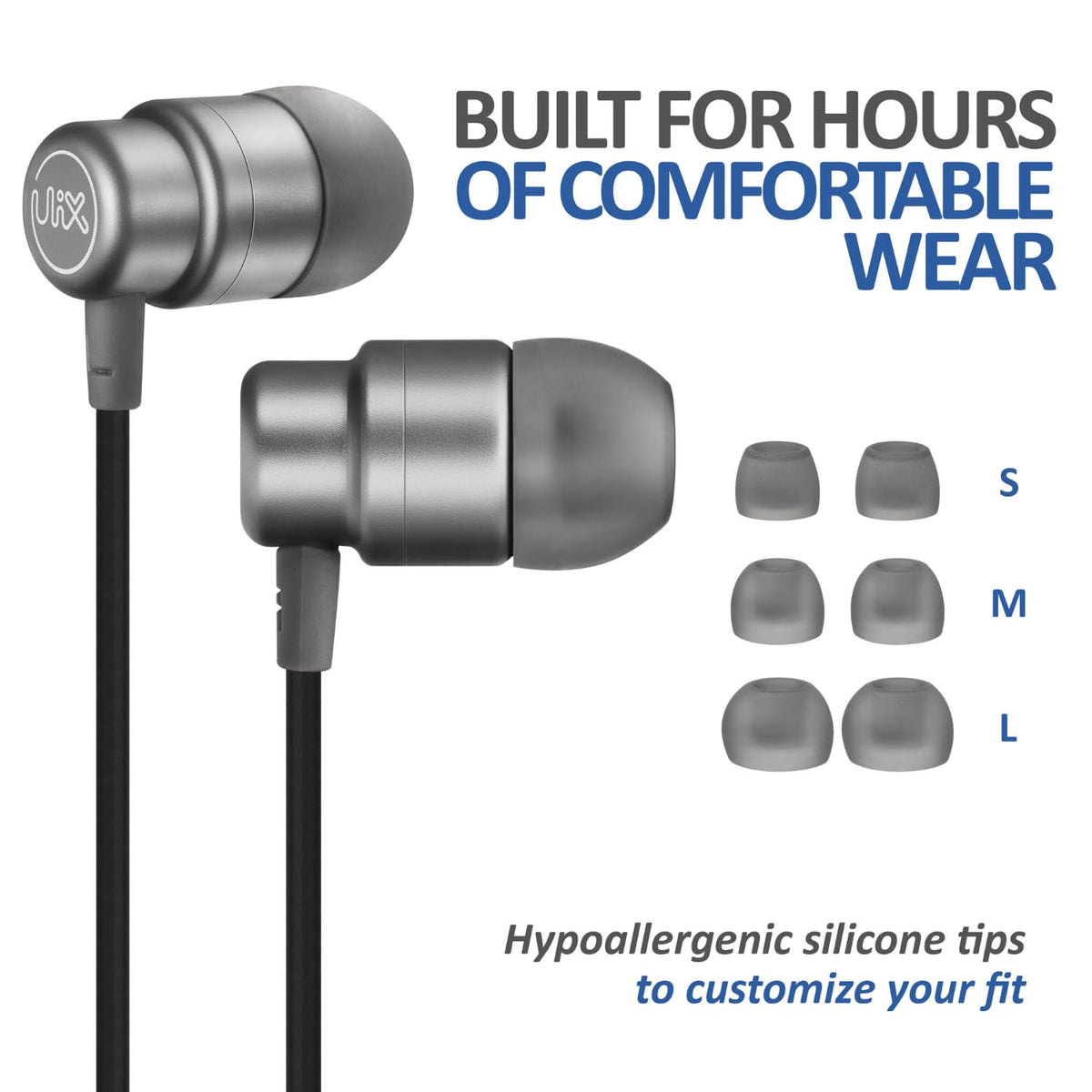 UliX earbuds next to smartphone to show compact size and portability