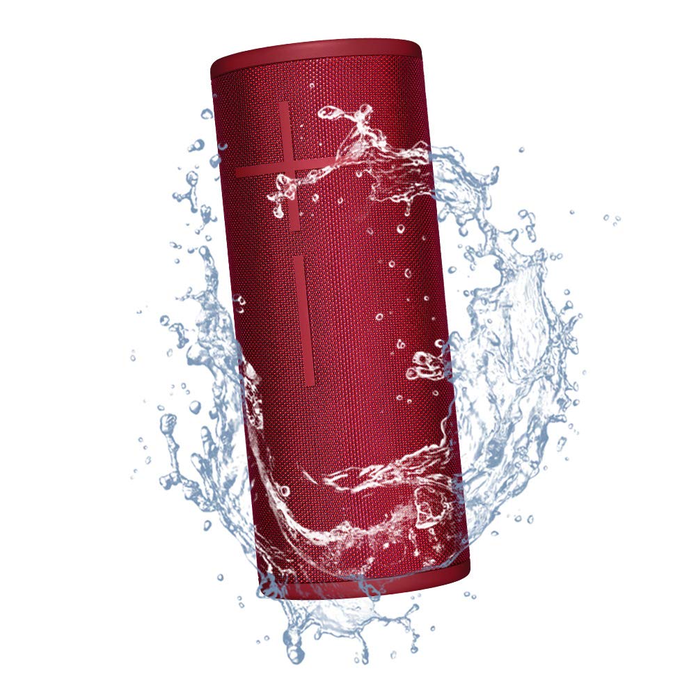 Ultimate Ears Boom 3 Sunset Red side wrap highlighting rugged fabric for adventurous use.