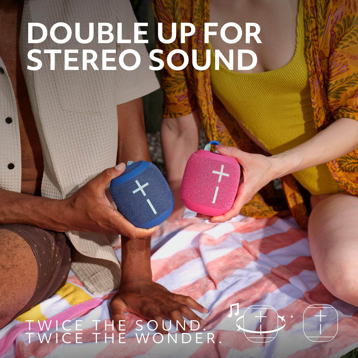 Two Ultimate Ears WonderBoom 4 speakers paired showing expanded stereo sound
