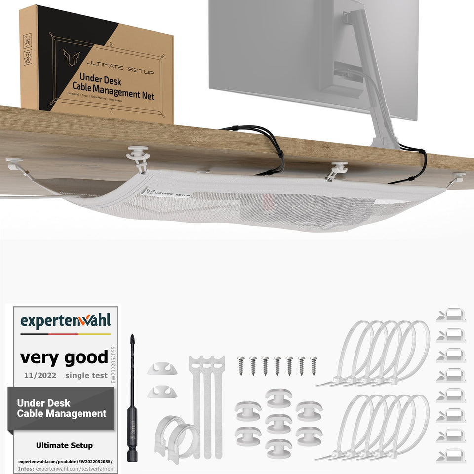 Ultimate Setup cable management net under desk tray keeps cords organized and accessible.