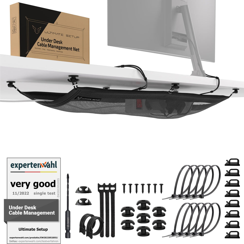 Ultimate Setup cable net under-desk tray keeps cords organized and hidden.