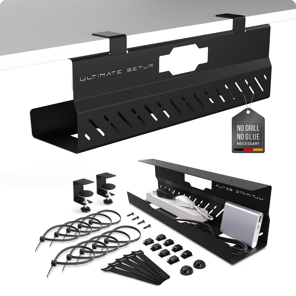Ultimate Setup front view of under-desk tray showing tidy storage and clean desk benefit
