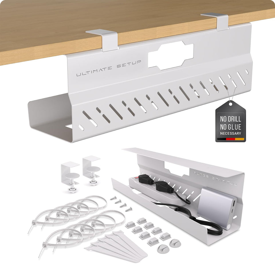 Ultimate Setup front view of white under-desk tray showing clean cable hiding benefit