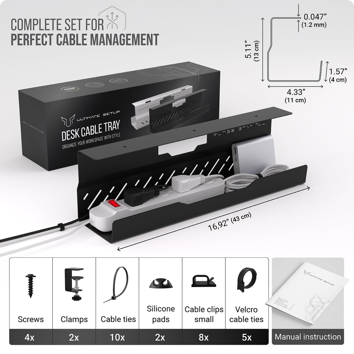 Ultimate Setup padded clip installation detail showing no-drill mounting and tabletop protection benefit