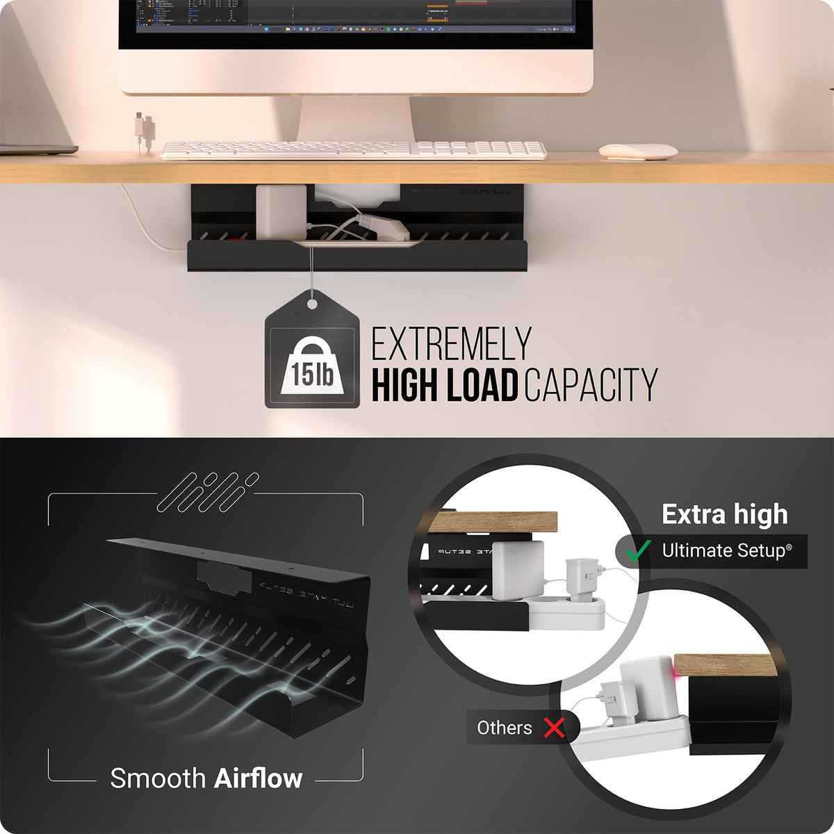 Ultimate Setup tray loaded with power strip and adapters showing heavy load handling benefit
