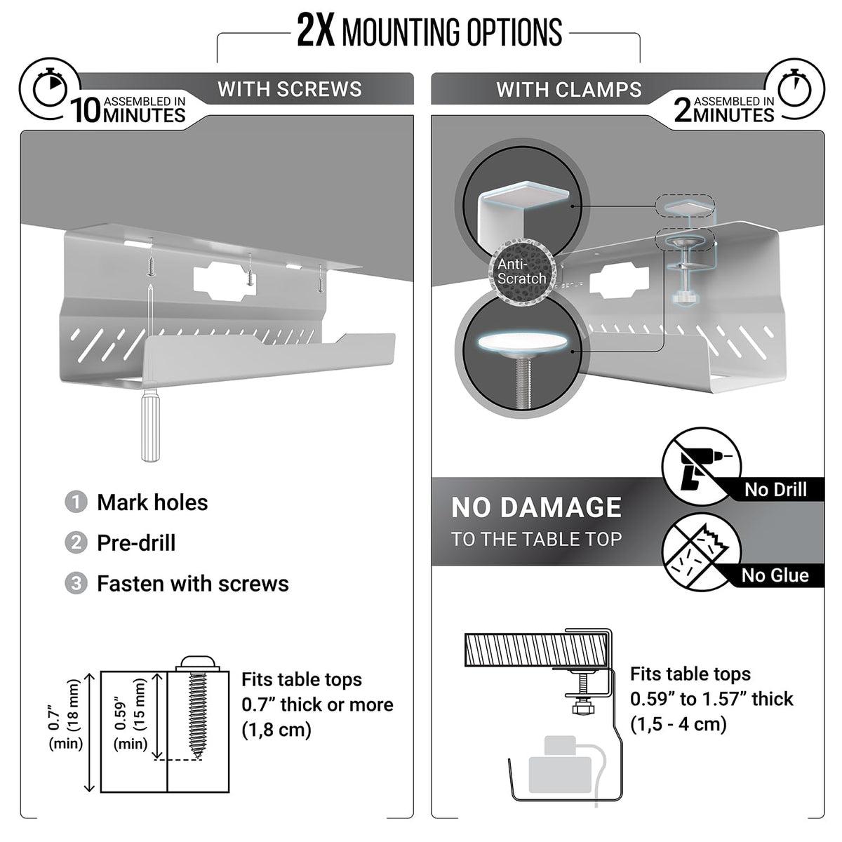 Ultimate Setup mounted under desk using padded clips showing no-drill installation and surface protection