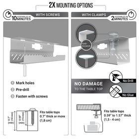 Ultimate Setup mounted under desk using padded clips showing no-drill installation and surface protection