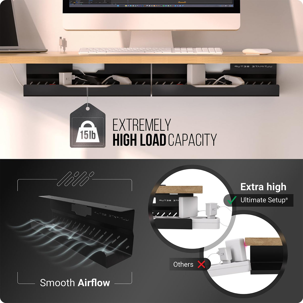 Ultimate Setup tray mounted under a wood desk using padded clips showing furniture-safe installation benefit