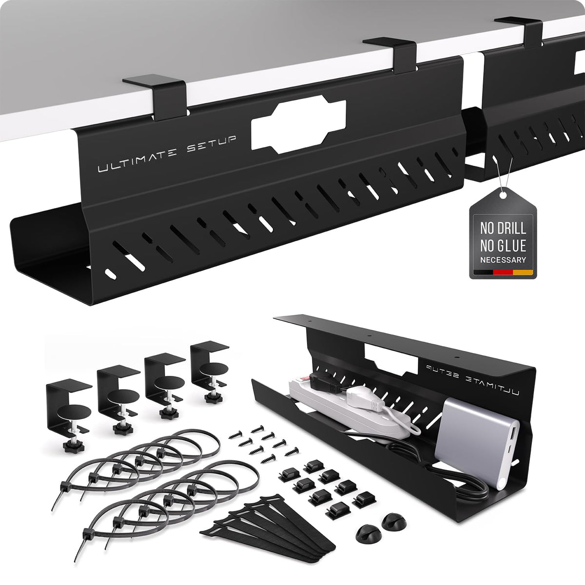Ultimate Setup under desk tray front view showing large capacity and tidy cables benefit