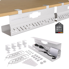 Ultimate Setup front view of white under-desk tray showing neat cable concealment and workspace benefit
