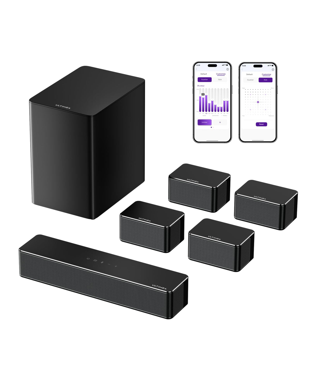 ULTIMEA 7.1 sound bar front view highlighting immersive dialogue and room-filling sound