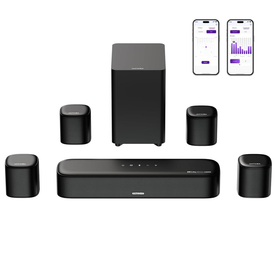 ULTIMEA 7-1ch Dolby Atmos soundbar with Aura A60 and subwoofer for immersive home theater.