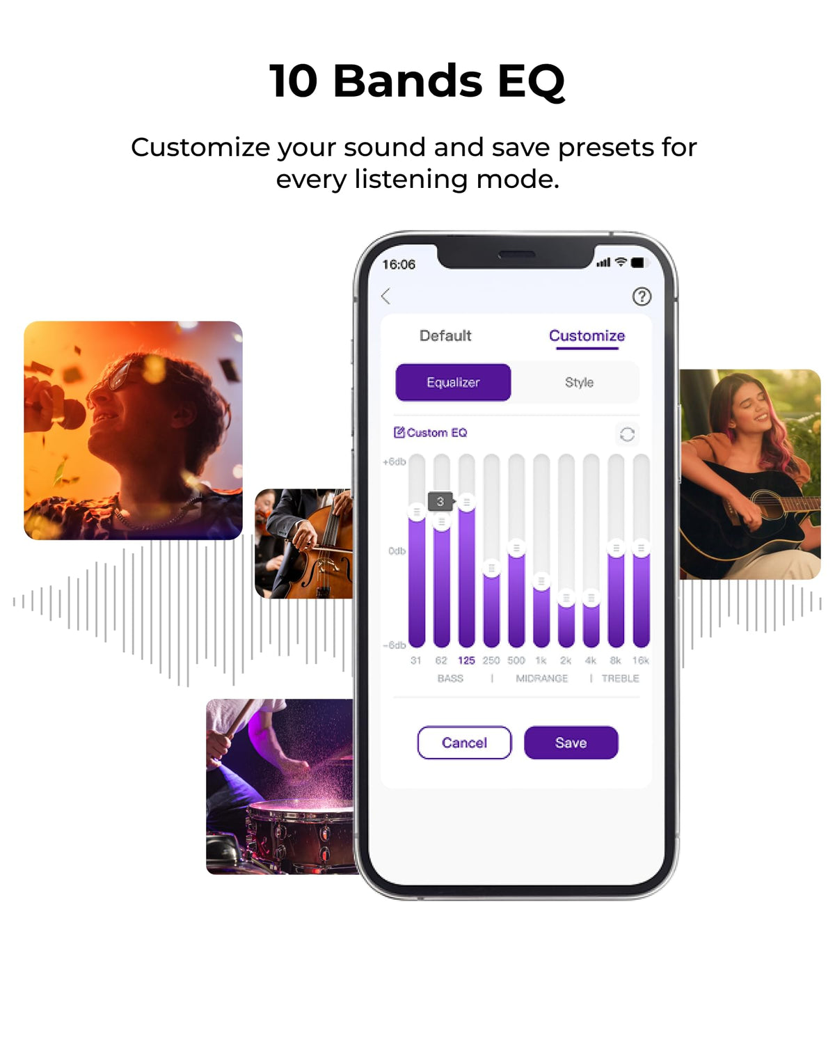 ULTIMEA Aura A60 Pro app control interface for custom EQ and presets.
