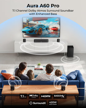 ULTIMEA Aura A60 Pro front surround speakers set for room-filling sound.