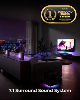 ULTIMEA Apollo S70 Ultra surround speakers wired for stable, immersive audio.
