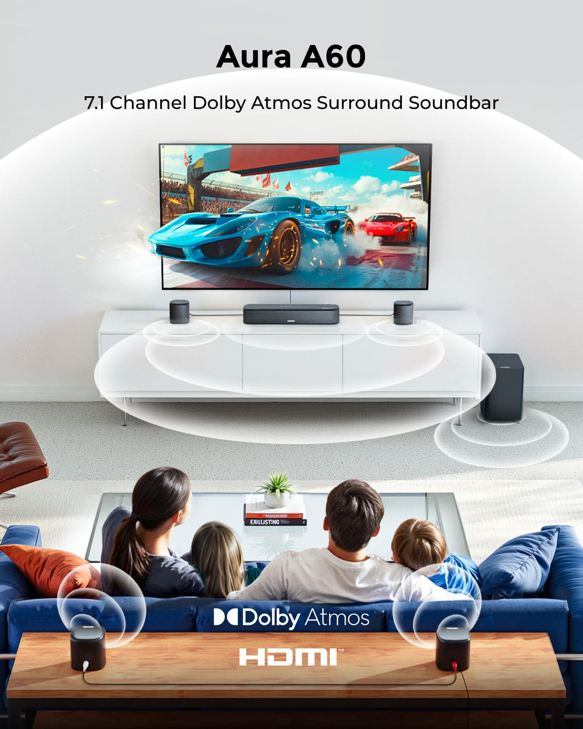 ULTIMEA Aura A60 wireless rear surround speakers setup for a clutter-free home theater.