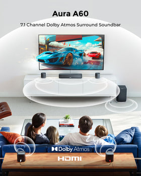 ULTIMEA Aura A60 wireless rear surround speakers setup for a clutter-free home theater.