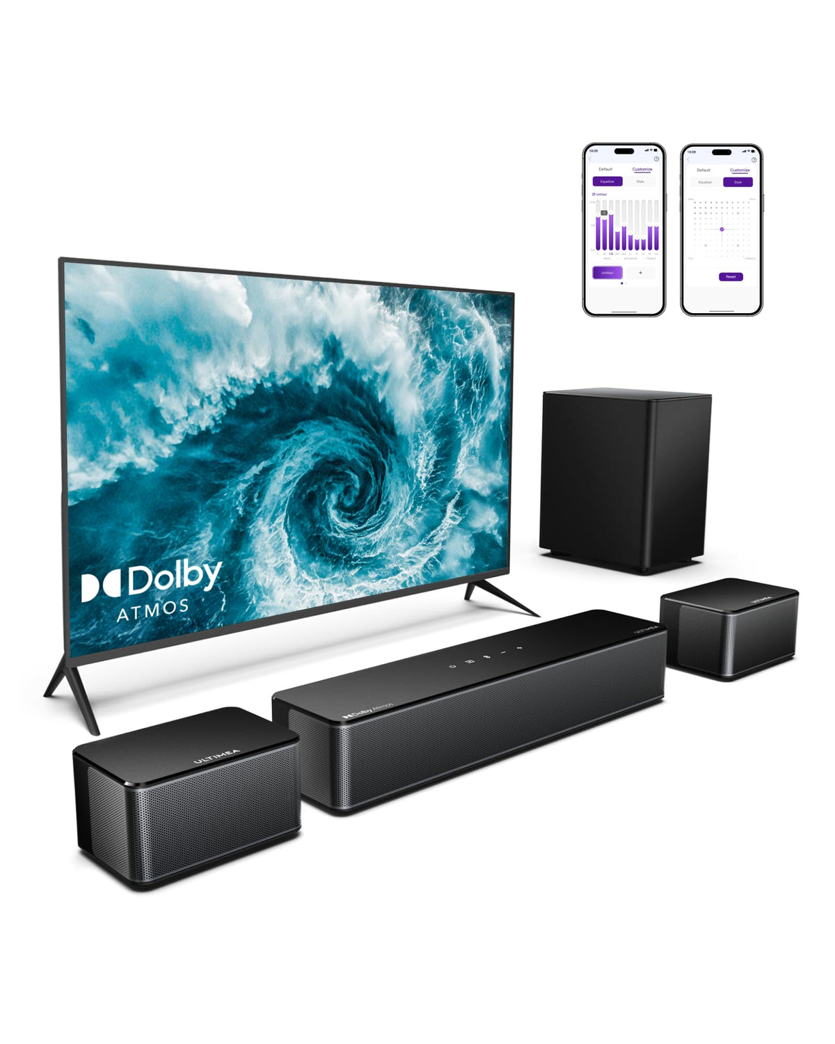 ULTIMEA Poseidon D60 front view highlighting immersive 5.1 sound system for TV
