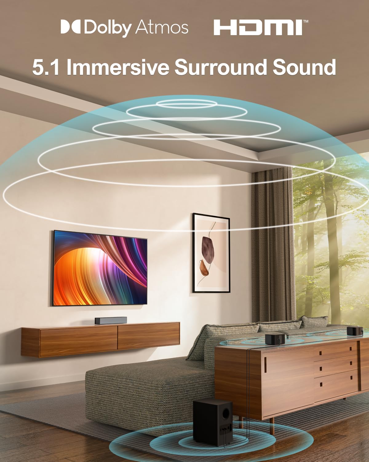 ULTIMEA Poseidon D60 wireless subwoofer provides deep bass that fills a living room.