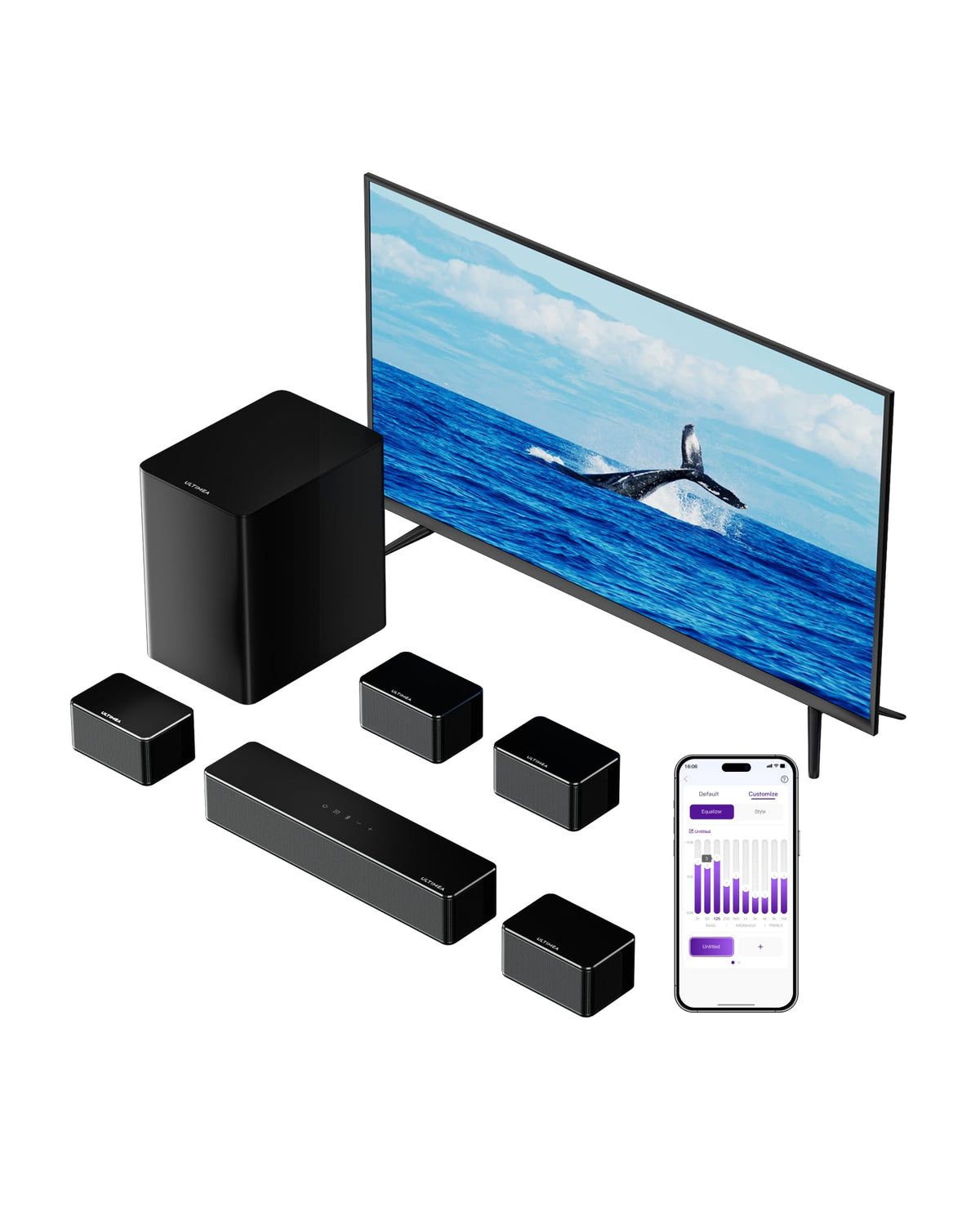 ULTIMEA Poseidon D70 front view shows sleek soundbar for clearer TV dialogue