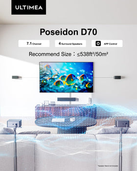ULTIMEA Poseidon D70 wireless subwoofer delivers deep bass for movies.