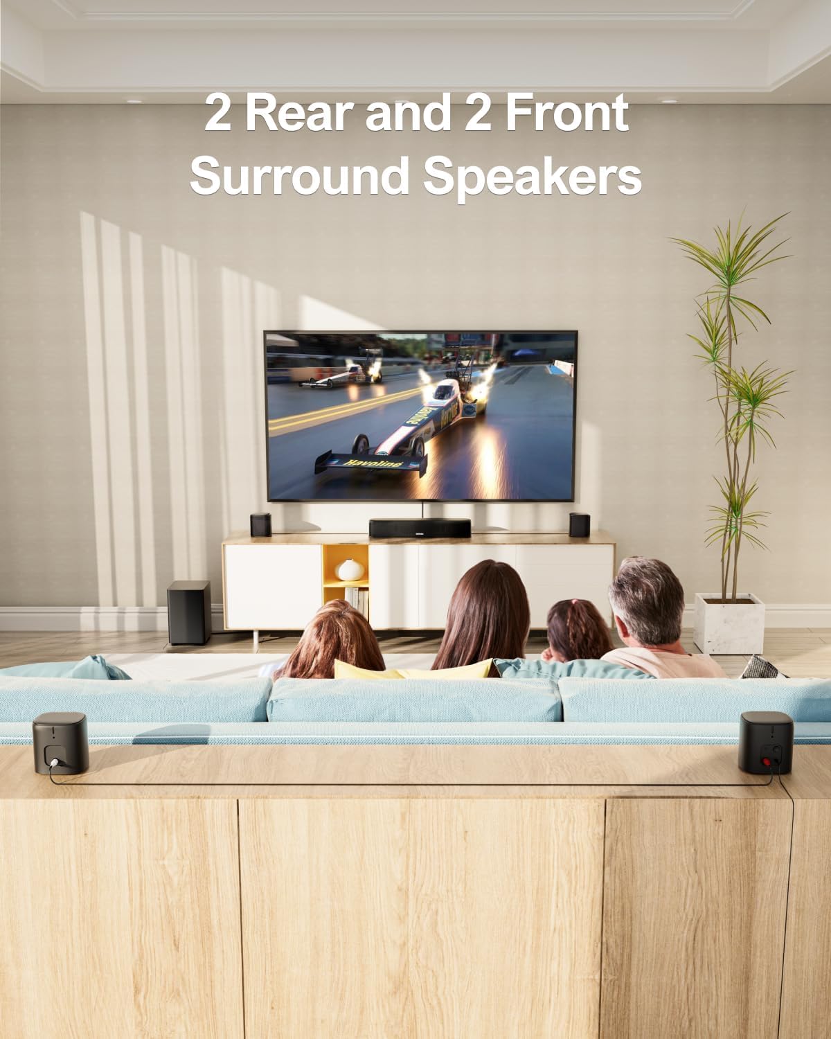 ULTIMEA rear surround speakers wirelessly connect to the bar for flexible room placement