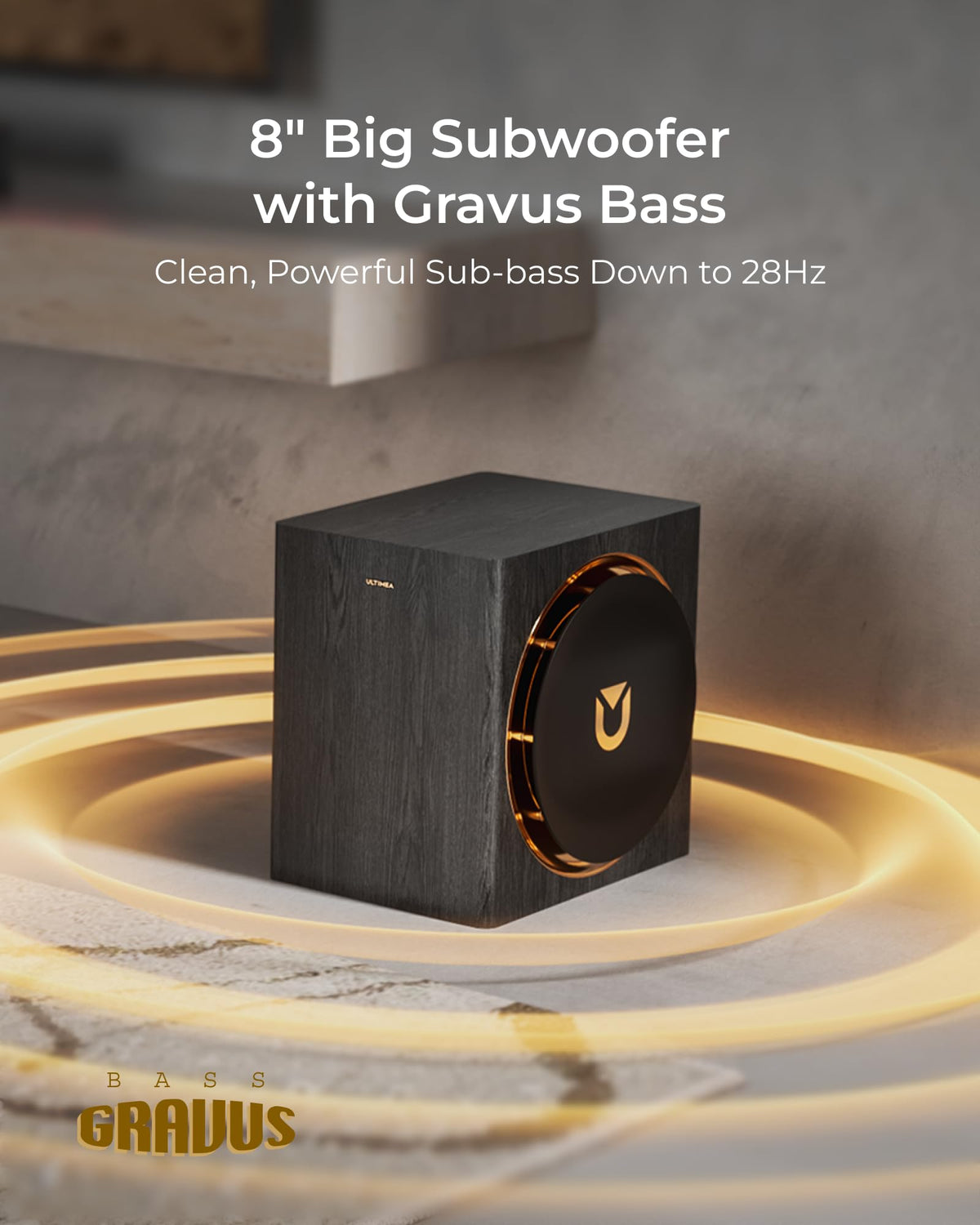 ULTIMEA Skywave X50 8-inch subwoofer image showing deep bass and room-filling impact.