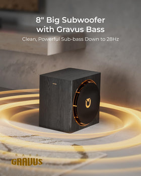 ULTIMEA Skywave X50 8-inch subwoofer image showing deep bass and room-filling impact.