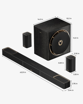 ULTIMEA Skywave X50 elegant metal grille and wood subwoofer coexist in a premium home theater setup.