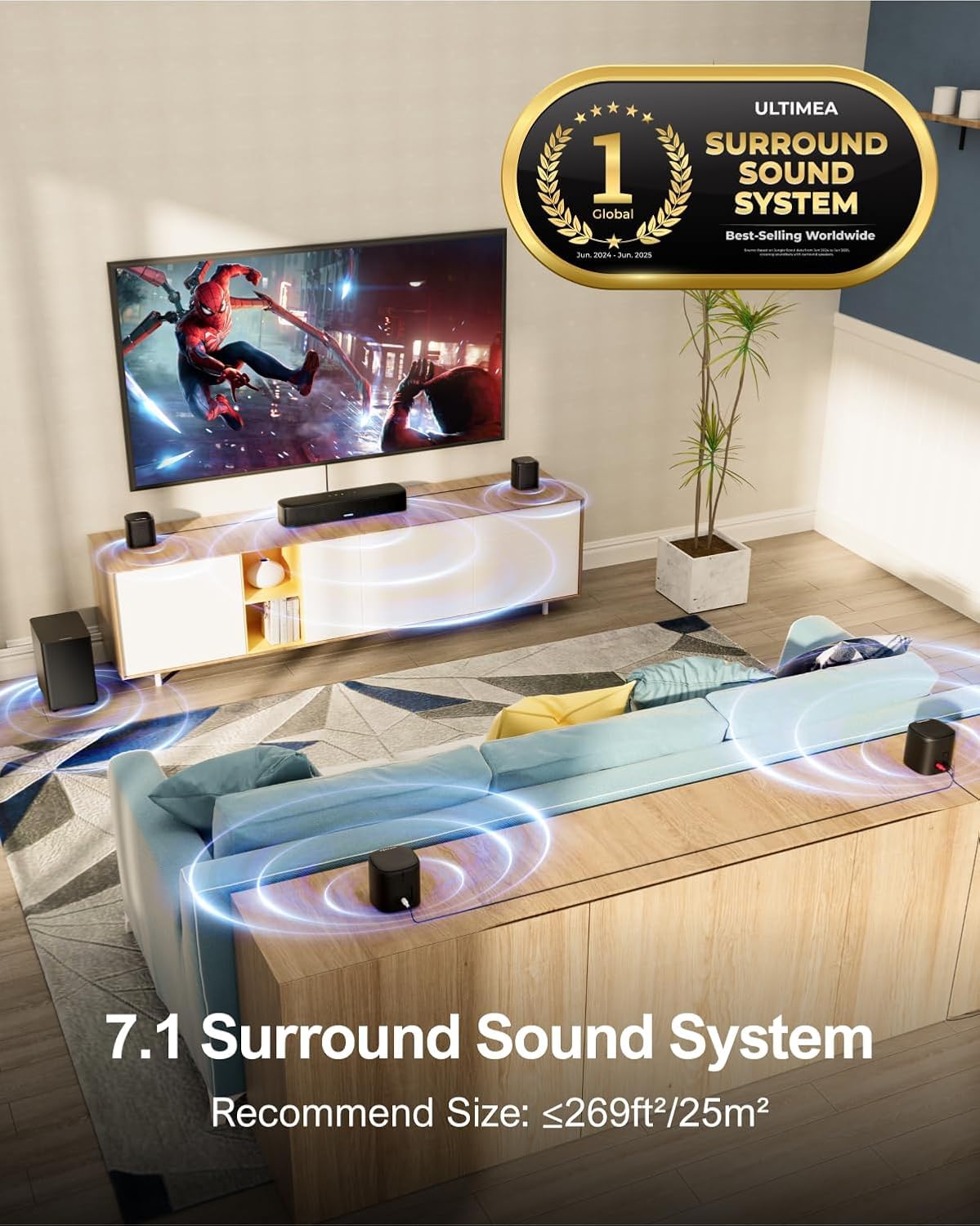 ULTIMEA subwoofer paired with sound bar for deeper bass and cinema-like impact