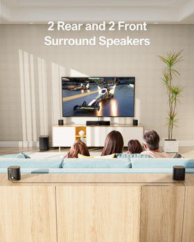 ULTIMEA wireless pairing indicator shows easy rear speaker connection.